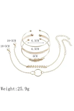 Hot Dear-Lover Leaves Retro Pattern Adjustable Plated 5Pcs Bracelet Set Gold