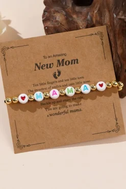 Sale Dear-Lover MAMA Heart Beaded Elastic Bracelet Gold