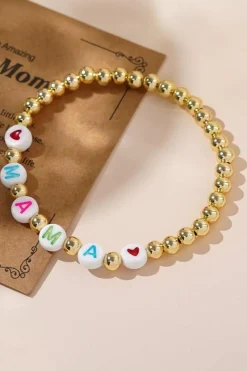 Sale Dear-Lover MAMA Heart Beaded Elastic Bracelet Gold