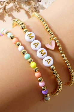 Discount Dear-Lover MAMA Heart Beaded Multi Layer Stretch Bracelet Gold