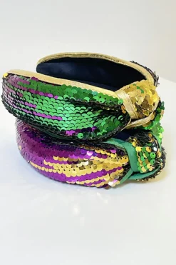 Clearance Dear-Lover Mardi Gras Sequined Knotted Wide Headband (Sequins Randomly Placed) Gold