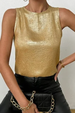 Fashion Dear-Lover Metal Textured Round Neck Casual Tank Top Gold