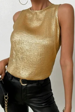Fashion Dear-Lover Metal Textured Round Neck Casual Tank Top Gold
