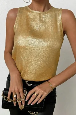 Fashion Dear-Lover Metal Textured Round Neck Casual Tank Top Gold