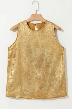 Fashion Dear-Lover Metal Textured Round Neck Casual Tank Top Gold