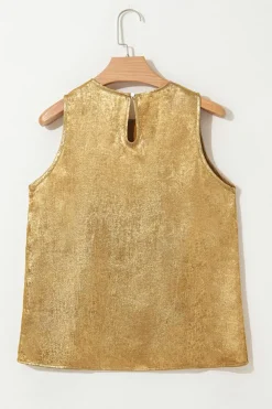 Fashion Dear-Lover Metal Textured Round Neck Casual Tank Top Gold