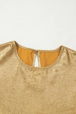 Fashion Dear-Lover Metal Textured Round Neck Casual Tank Top Gold