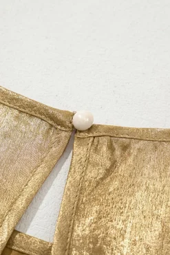 Fashion Dear-Lover Metal Textured Round Neck Casual Tank Top Gold