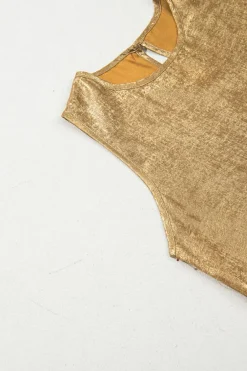 Fashion Dear-Lover Metal Textured Round Neck Casual Tank Top Gold