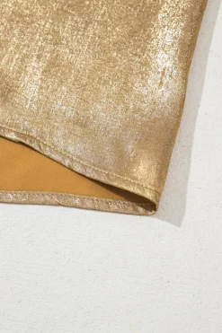 Fashion Dear-Lover Metal Textured Round Neck Casual Tank Top Gold