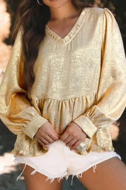 Sale Dear-Lover Metallic Frilled V Neck Puff Sleeve Babydoll Blouse Gold