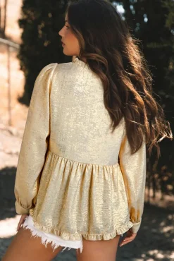 Sale Dear-Lover Metallic Frilled V Neck Puff Sleeve Babydoll Blouse Gold