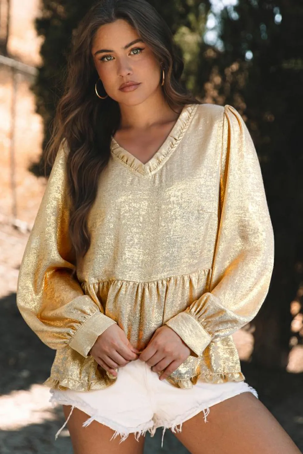 Sale Dear-Lover Metallic Frilled V Neck Puff Sleeve Babydoll Blouse Gold