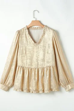 Sale Dear-Lover Metallic Frilled V Neck Puff Sleeve Babydoll Blouse Gold