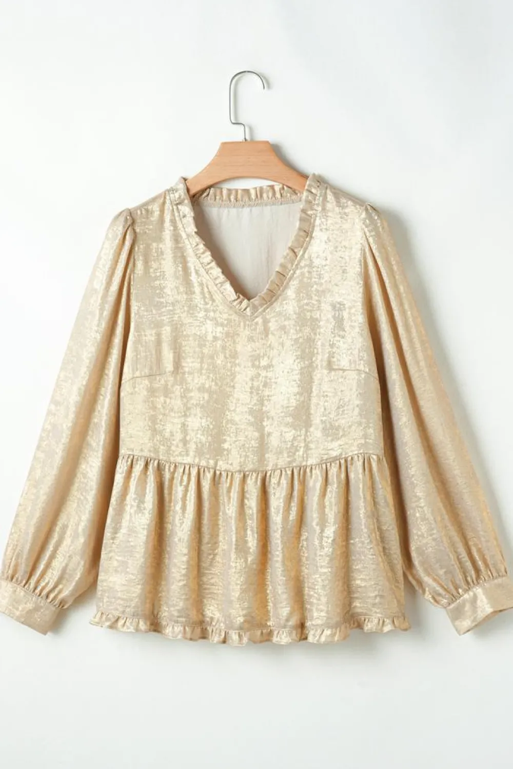 Sale Dear-Lover Metallic Frilled V Neck Puff Sleeve Babydoll Blouse Gold