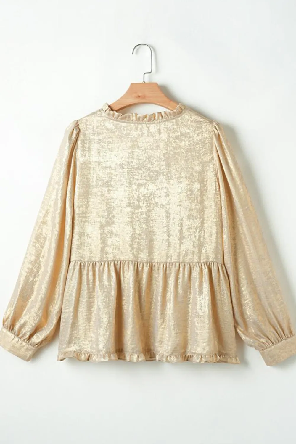 Sale Dear-Lover Metallic Frilled V Neck Puff Sleeve Babydoll Blouse Gold