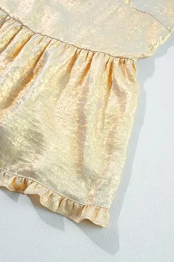 Sale Dear-Lover Metallic Frilled V Neck Puff Sleeve Babydoll Blouse Gold
