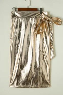 Hot Dear-Lover Metallic Leather Knotted Wrap Midi Skirt Gold