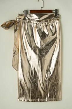 Hot Dear-Lover Metallic Leather Knotted Wrap Midi Skirt Gold