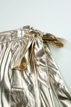 Hot Dear-Lover Metallic Leather Knotted Wrap Midi Skirt Gold