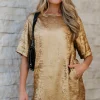 Discount Dear-Lover Metallic Luster Crewneck Mini T-Shirt Dress Gold