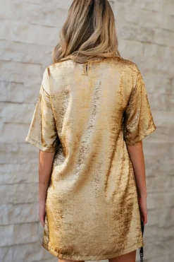 Discount Dear-Lover Metallic Luster Crewneck Mini T-Shirt Dress Gold