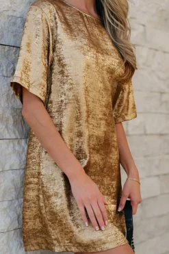 Discount Dear-Lover Metallic Luster Crewneck Mini T-Shirt Dress Gold