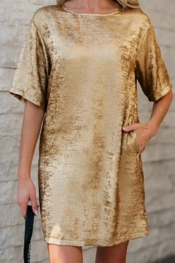 Discount Dear-Lover Metallic Luster Crewneck Mini T-Shirt Dress Gold