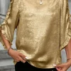 Outlet Dear-Lover Metallic Luster Frilled Half Sleeve Blouse Gold