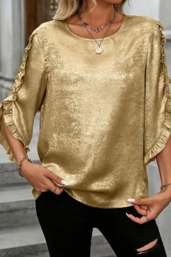 Outlet Dear-Lover Metallic Luster Frilled Half Sleeve Blouse Gold