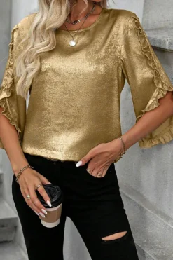 Outlet Dear-Lover Metallic Luster Frilled Half Sleeve Blouse Gold