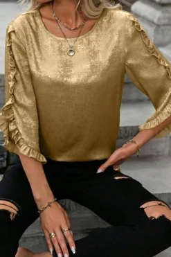 Outlet Dear-Lover Metallic Luster Frilled Half Sleeve Blouse Gold