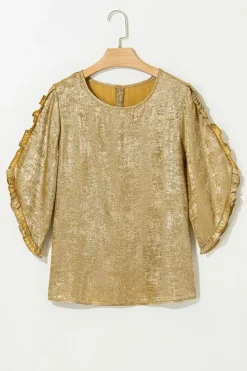 Outlet Dear-Lover Metallic Luster Frilled Half Sleeve Blouse Gold