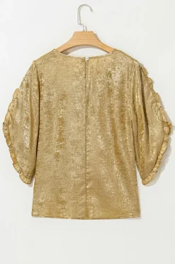 Outlet Dear-Lover Metallic Luster Frilled Half Sleeve Blouse Gold