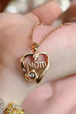 New Dear-Lover Mom Heart Shape Crystal Decor Alloy Pendant Necklace Gold