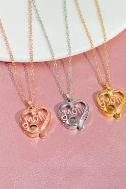New Dear-Lover Mom Heart Shape Crystal Decor Alloy Pendant Necklace Gold