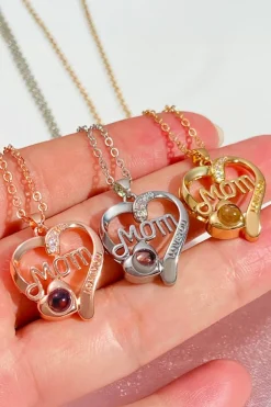 New Dear-Lover Mom Heart Shape Crystal Decor Alloy Pendant Necklace Gold