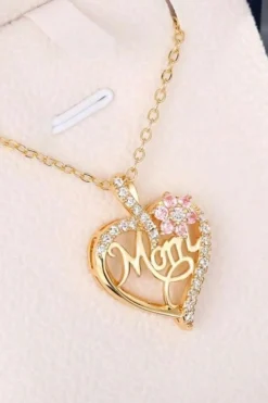 Discount Dear-Lover Mom Rhinestone Flower Hollow-out Heart Necklace Gold