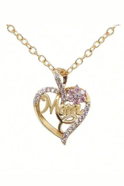 Discount Dear-Lover Mom Rhinestone Flower Hollow-out Heart Necklace Gold