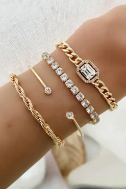 Best Dear-Lover 4pcs Diamond Chained Braided Bangle Bracelet Set Gold