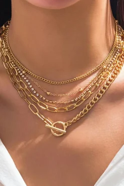 Hot Dear-Lover 5pcs Layered Rhinestone Plated Chain Collarbone Necklaces Set Gold