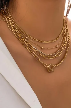Hot Dear-Lover 5pcs Layered Rhinestone Plated Chain Collarbone Necklaces Set Gold
