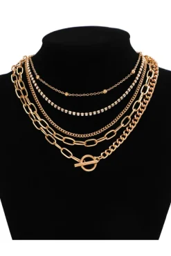 Hot Dear-Lover 5pcs Layered Rhinestone Plated Chain Collarbone Necklaces Set Gold