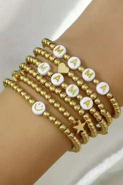 Online Dear-Lover 6Pcs MAMA Heart Star Shape Plated Beaded Bracelet Set Gold