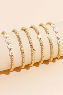 Online Dear-Lover 6Pcs MAMA Heart Star Shape Plated Beaded Bracelet Set Gold