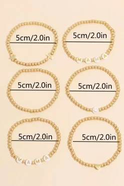Online Dear-Lover 6Pcs MAMA Heart Star Shape Plated Beaded Bracelet Set Gold