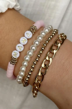 Discount Dear-Lover 4PCS MAMA Pearls Beaded Chain Bracelets Set Gold
