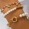 Fashion Dear-Lover 3pcs Pearl Plated Alloy Beaded Bracelet Set Gold
