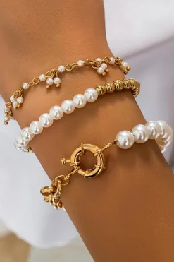 Fashion Dear-Lover 3pcs Pearl Plated Alloy Beaded Bracelet Set Gold