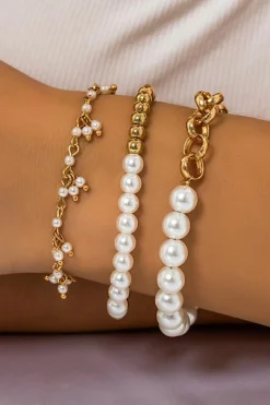 Fashion Dear-Lover 3pcs Pearl Plated Alloy Beaded Bracelet Set Gold